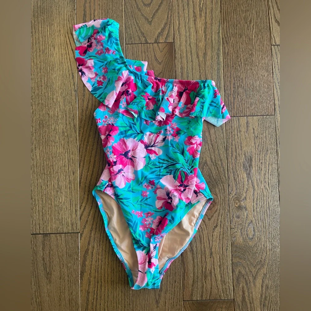 J. Crew Blue and Pink‎ One Piece Swimwear with Tropical Floral Design